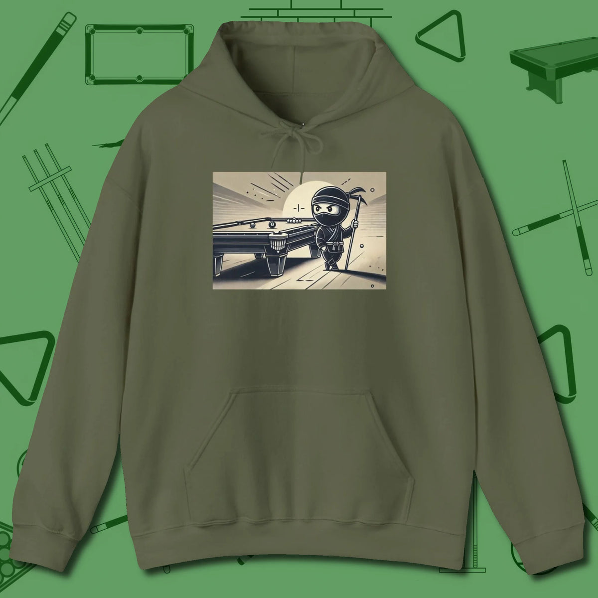Irate Ninja Hoodie, front view, in Military Green attitude built for the long haul