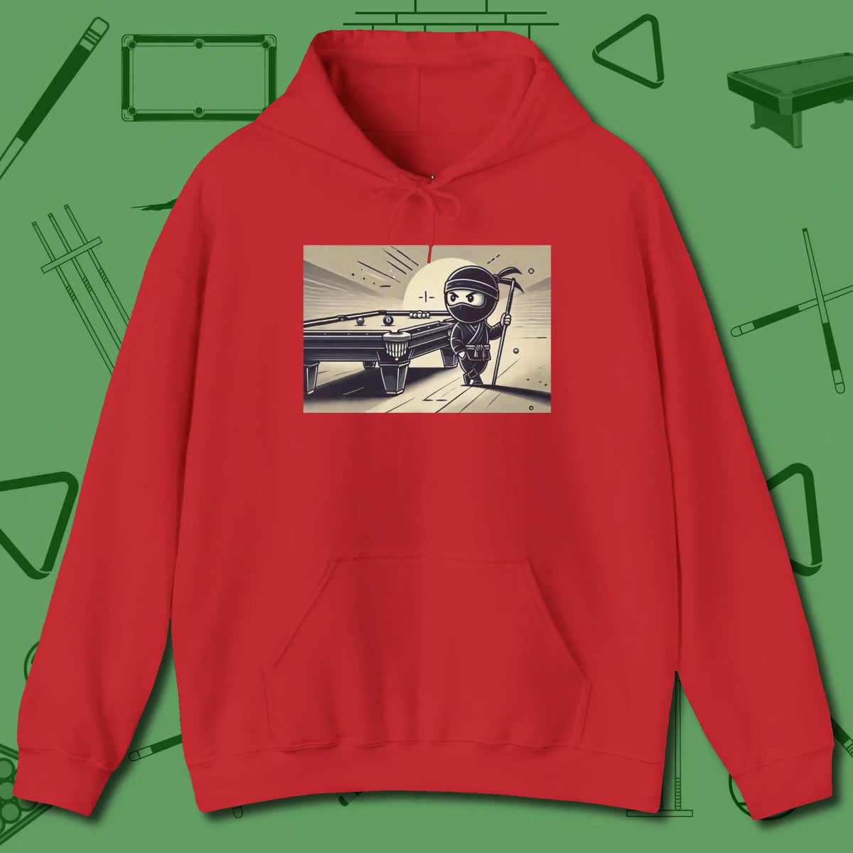 Irate Ninja Hoodie, front view, in Red classic cue style, no gimmicks