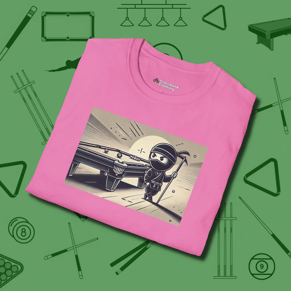 Irate Ninja T-Shirt, folded view, in Azalea attitude built for the long haul