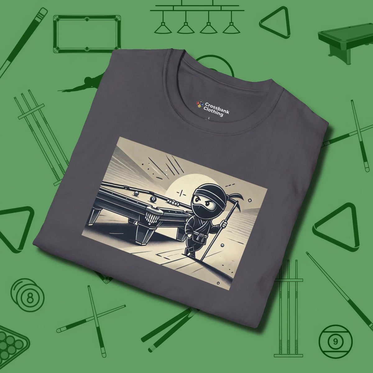 Irate Ninja T-Shirt, folded view, in Charcoal helps your stroke and your style