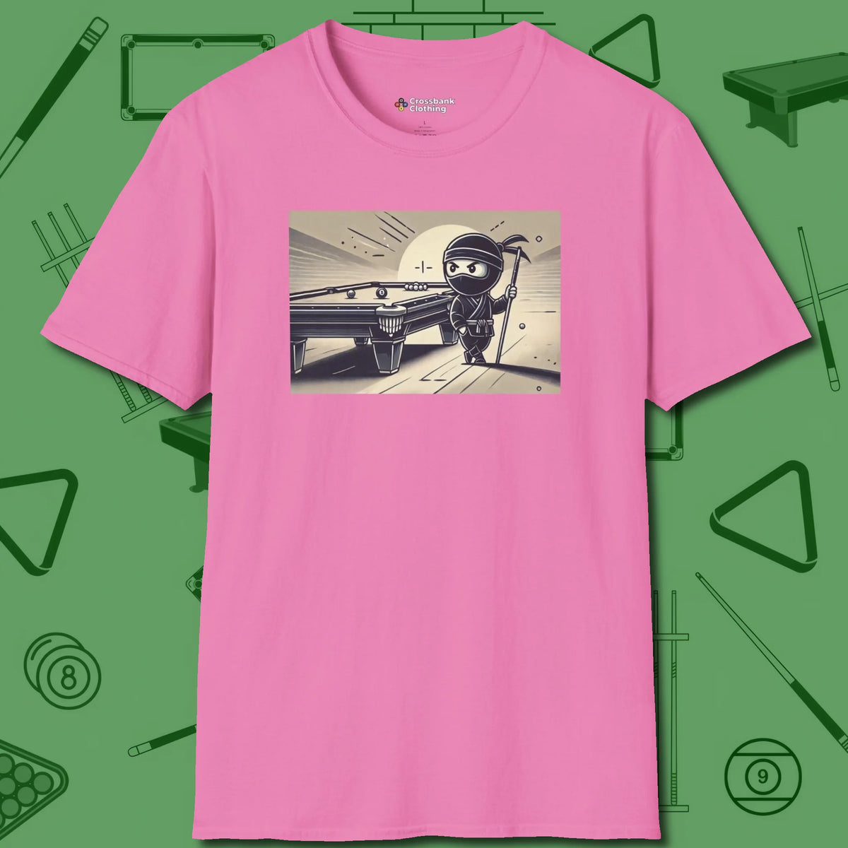 Irate Ninja T-Shirt, front view, in Azalea strike fear with swagger and precision