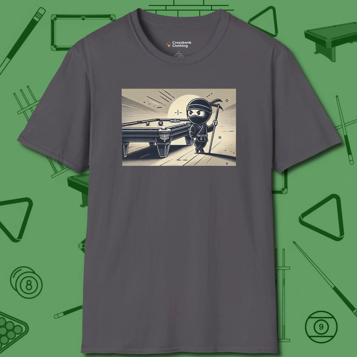 Irate Ninja T-Shirt, front view, in Charcoal attitude built for the long haul