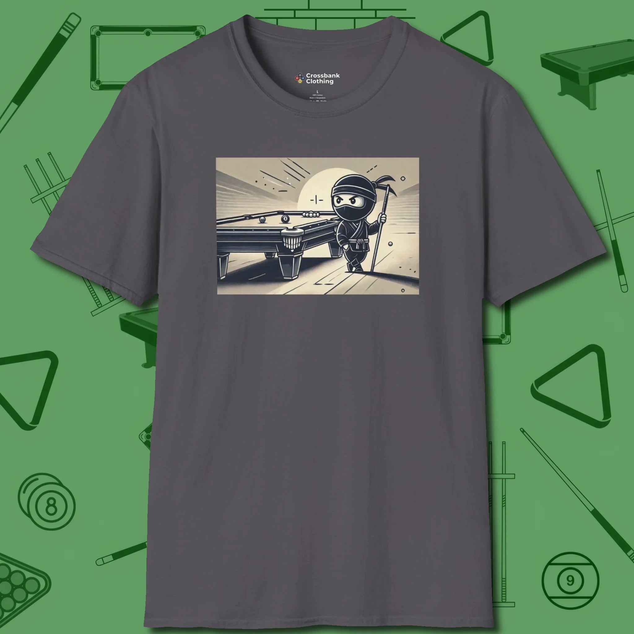 Irate Ninja T-Shirt, front view, in Charcoal attitude built for the long haul