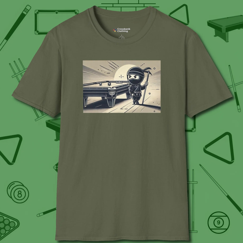 Irate Ninja T-Shirt, front view, in Military Green confidence stitched in every seam