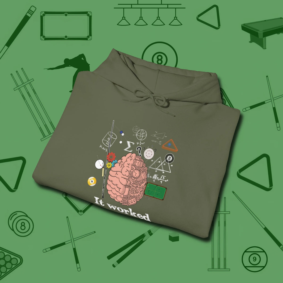 It Worked In My Head Hoodie, folded view, in Military Green an extension of your pool persona