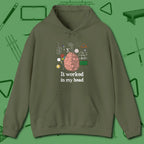 It Worked In My Head Hoodie, front view, in Military Green styled to dominate from rack to run-out