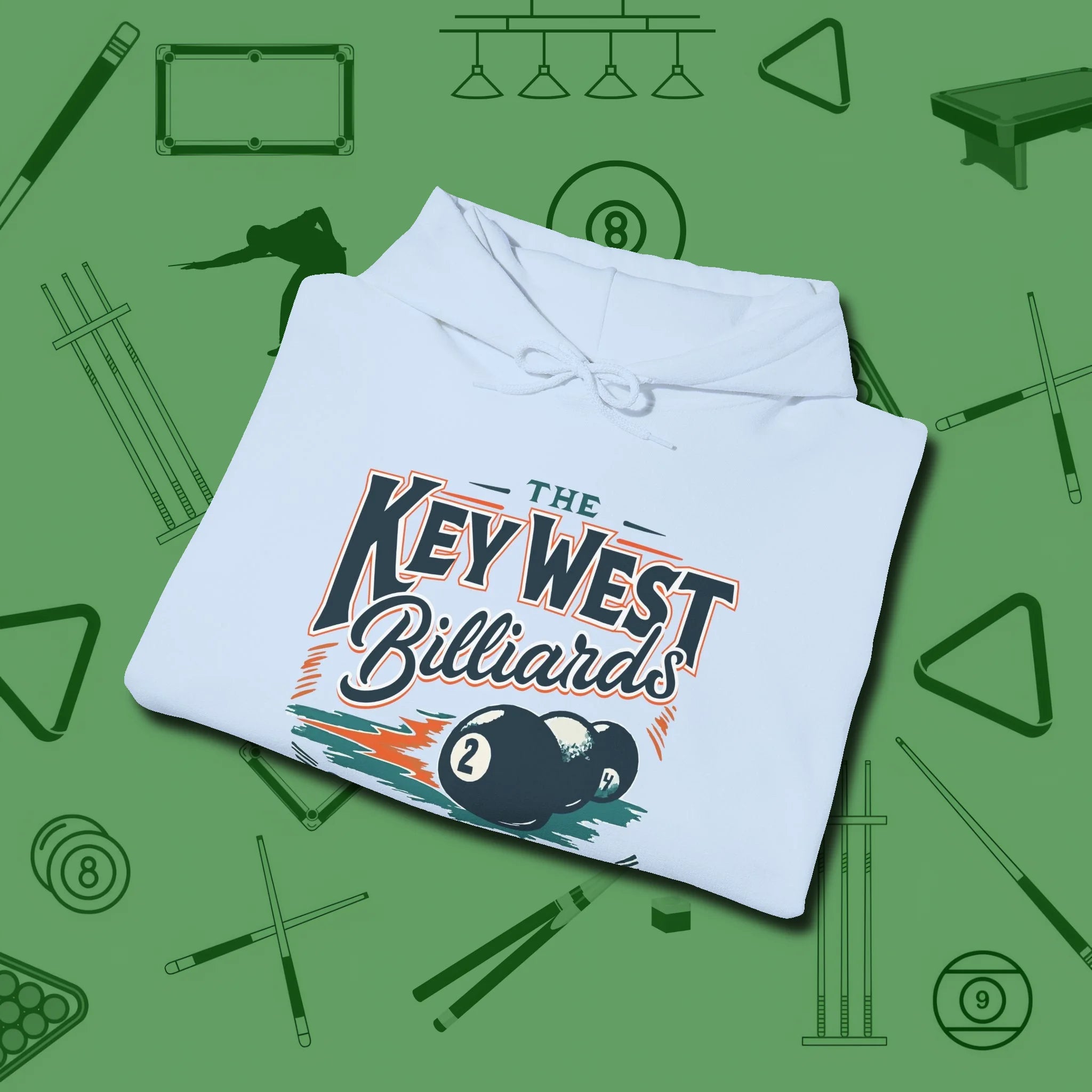 Key West Billiards Hoodie, folded view, in Light Blue classic cue style, no gimmicks