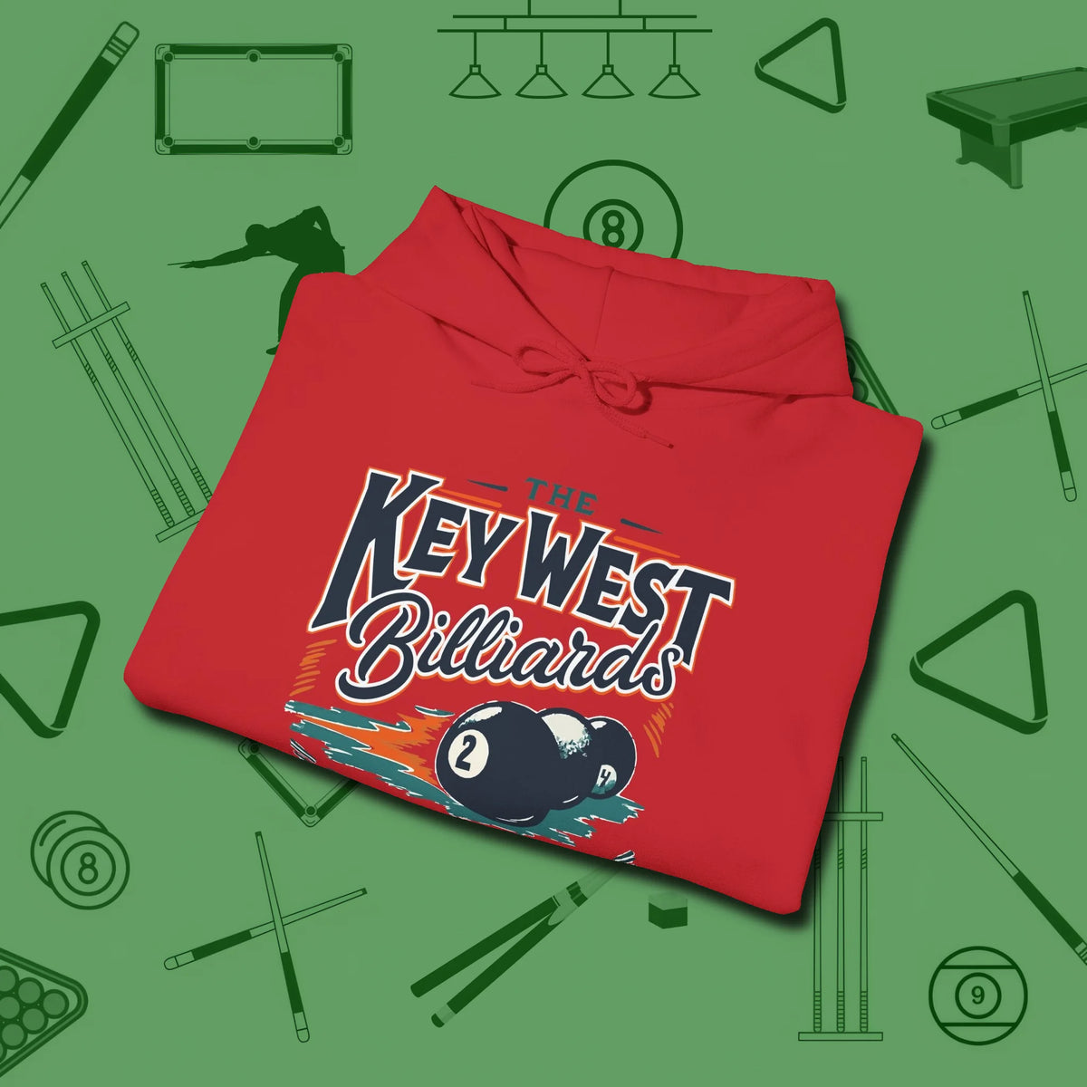 Key West Billiards Hoodie, folded view, in Red styled to dominate from rack to run-out