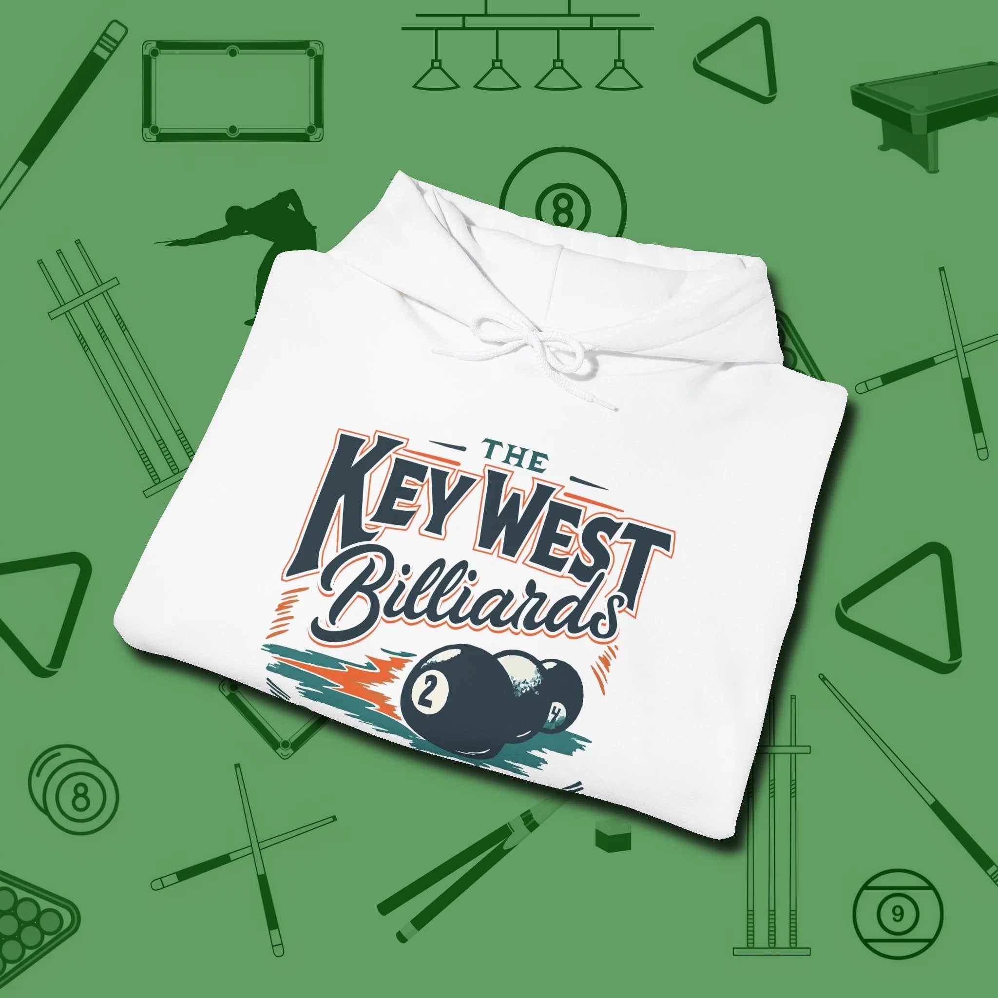 Key West Billiards Hoodie, folded view, in White as serious as your stroke