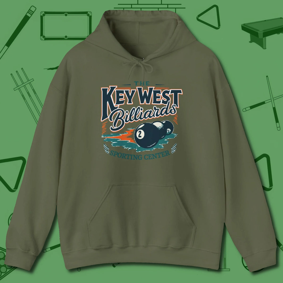 Key West Billiards Hoodie, front view, in Military Green your go-to shirt for league night victories