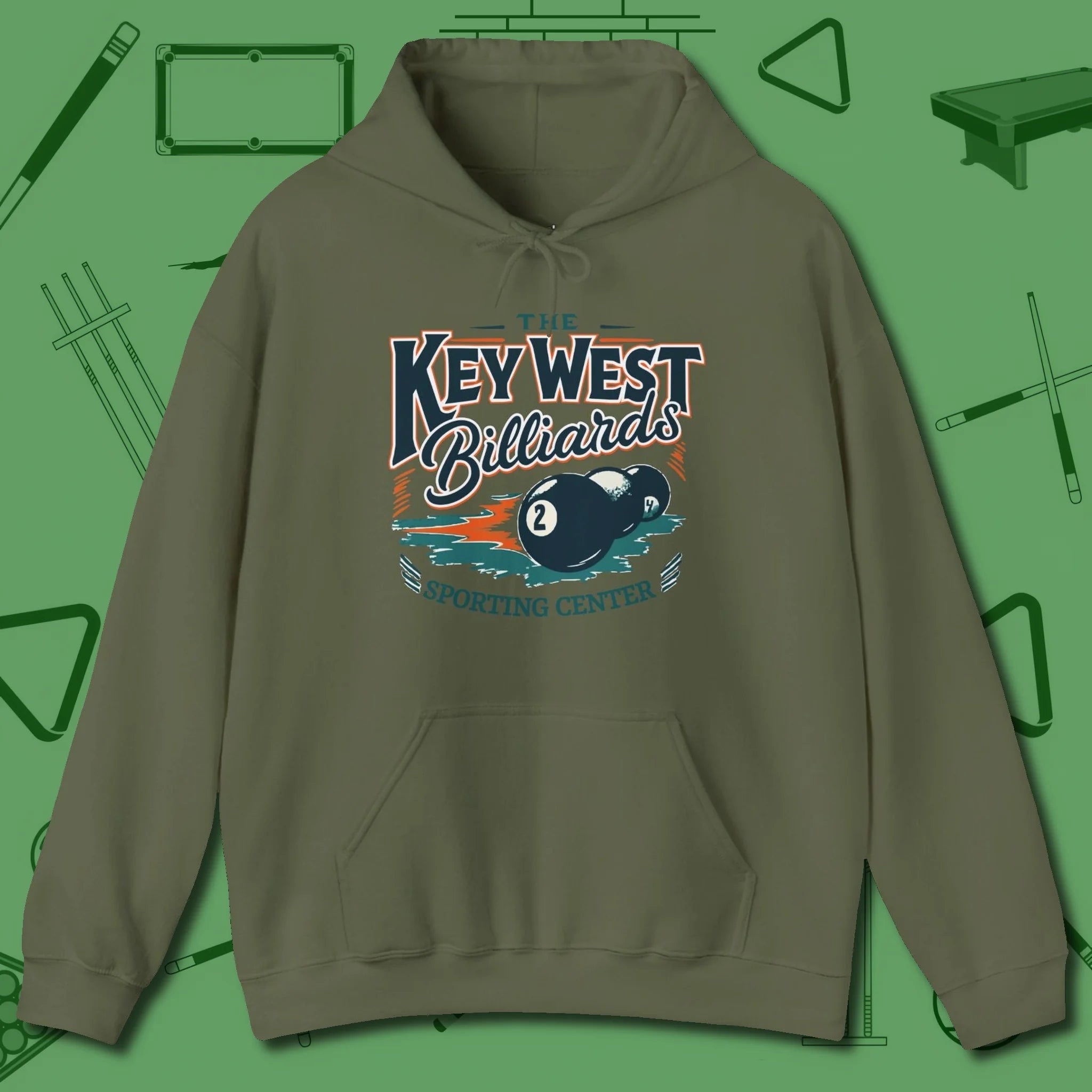 Key West Billiards Hoodie, front view, in Military Green your go-to shirt for league night victories