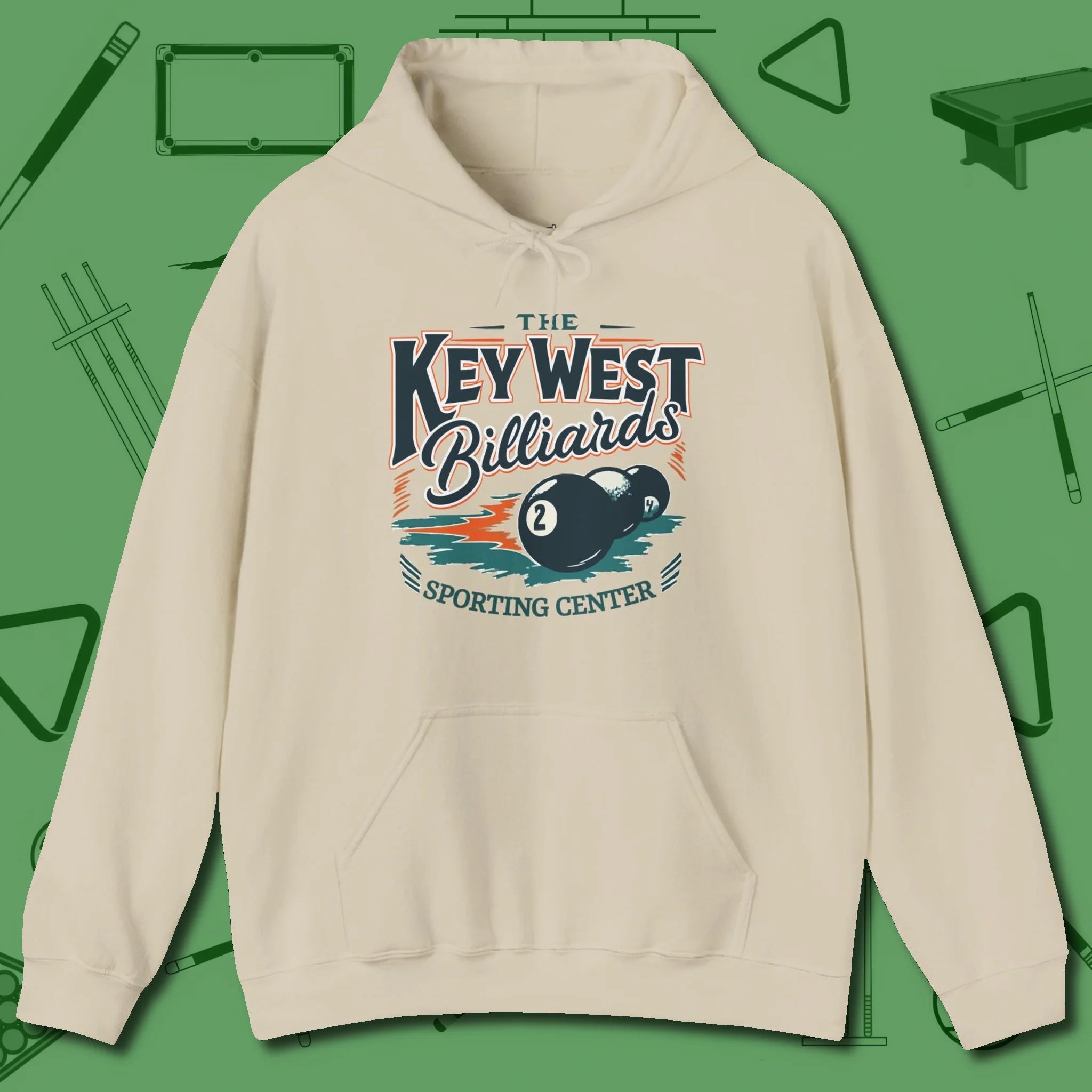 Key West Billiards Hoodie, front view, in Sand make every shot — and outfit — count