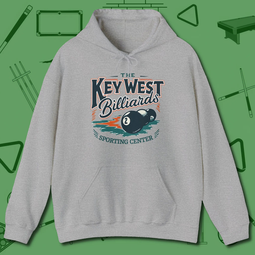 Key West Billiards Hoodie, front view, in Sport Grey for shooters who dress like they play: sharp