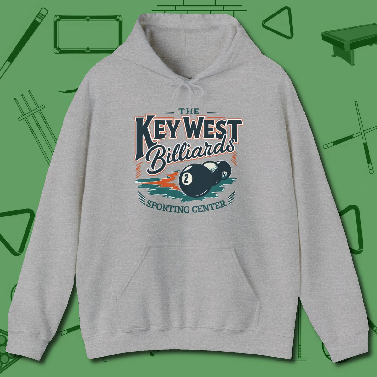 Key West Billiards Hoodie, front view, in Sport Grey for shooters who dress like they play: sharp