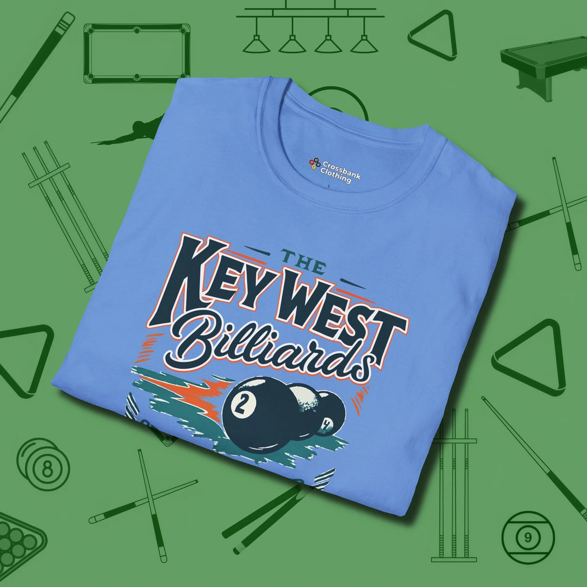 Key West Billiards T-Shirt, folded view, in Carolina Blue stitched for cue discipline and cool confidence