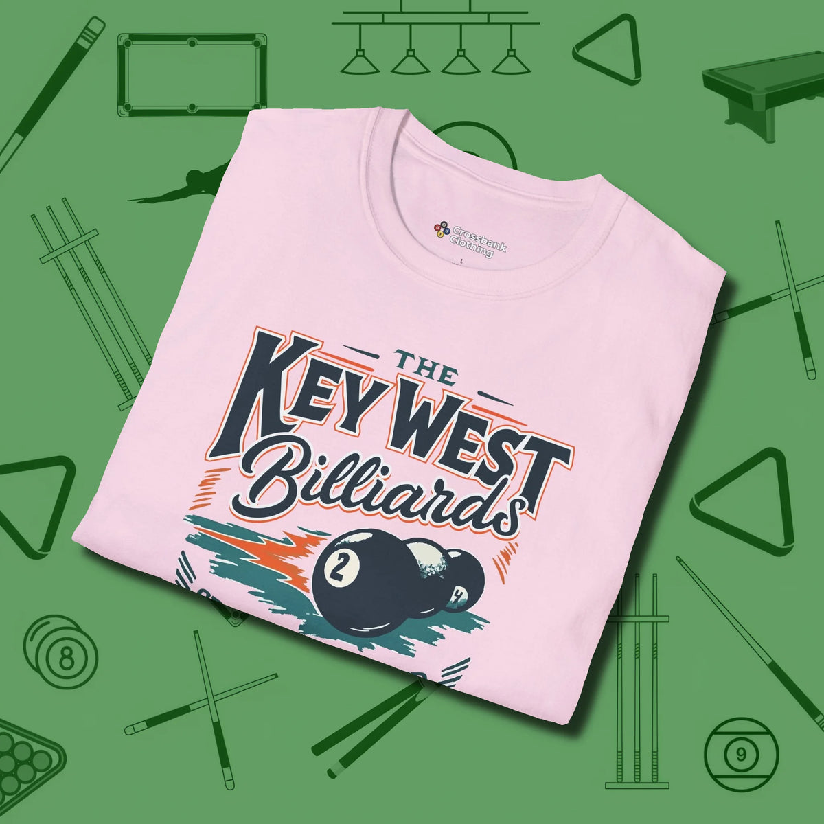 Key West Billiards T-Shirt, folded view, in Light Pink poolroom style with tournament attitude