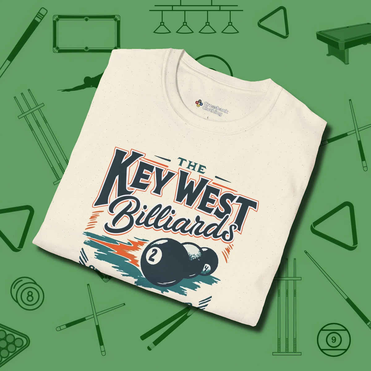 Key West Billiards T-Shirt, folded view, in Natural from chalk to clutch, look the part