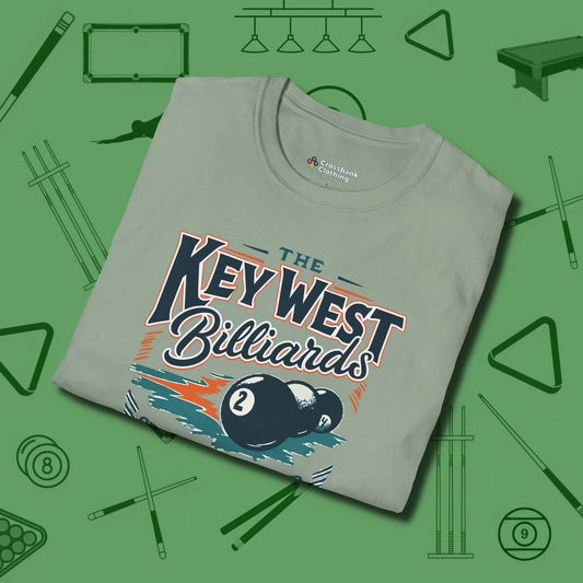 Key West Billiards T-Shirt, folded view, in Sage tough like your favorite break cue