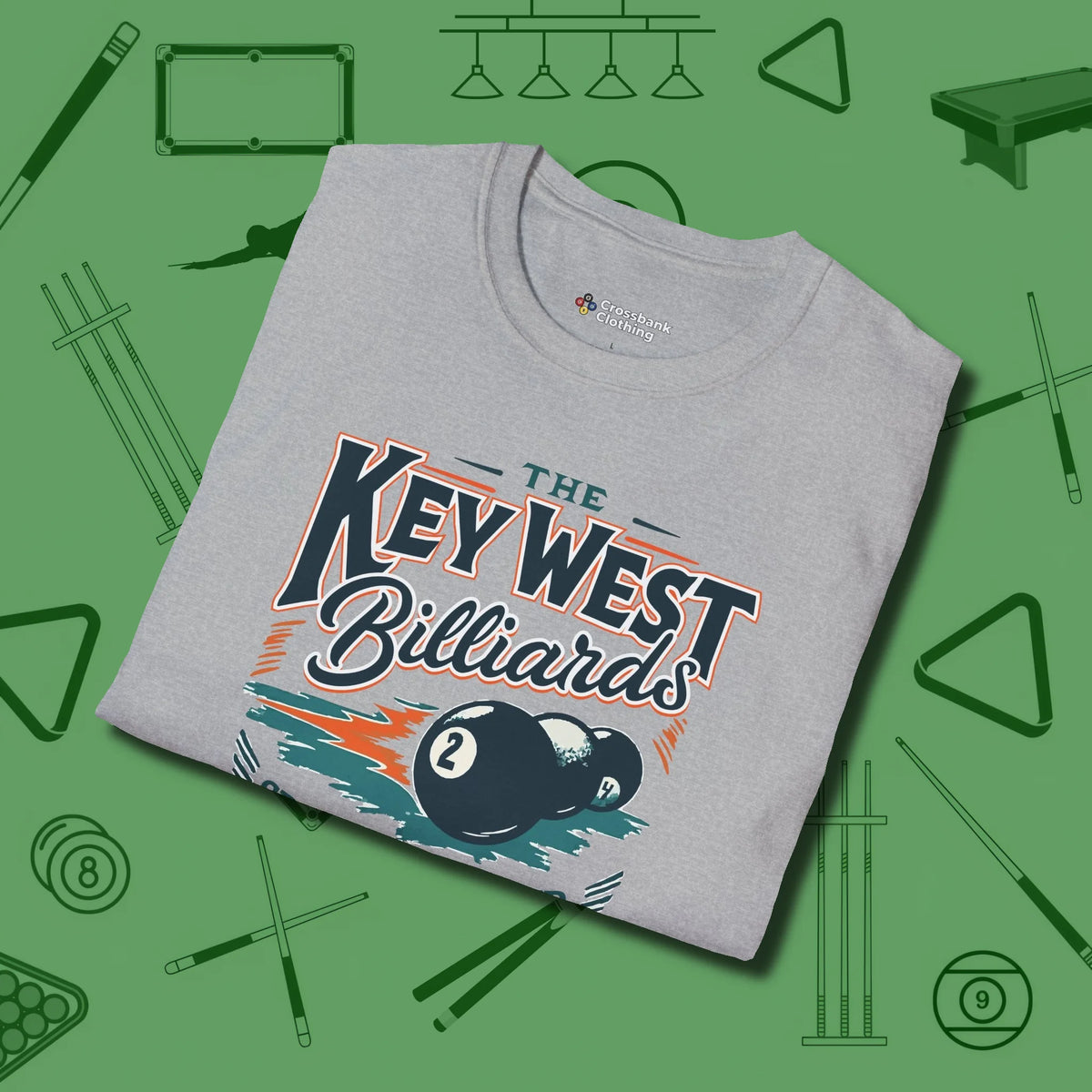 Key West Billiards T-Shirt, folded view, in Sport Grey styled to dominate from rack to run-out
