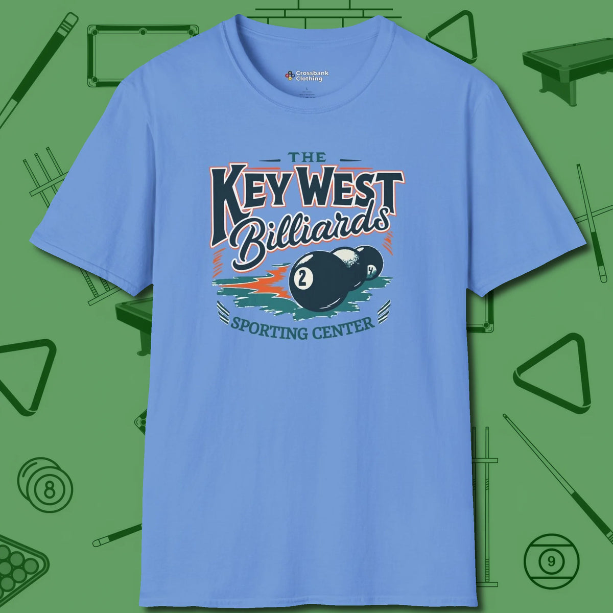 Key West Billiards T-Shirt, front view, in Carolina Blue classic cue style, no gimmicks