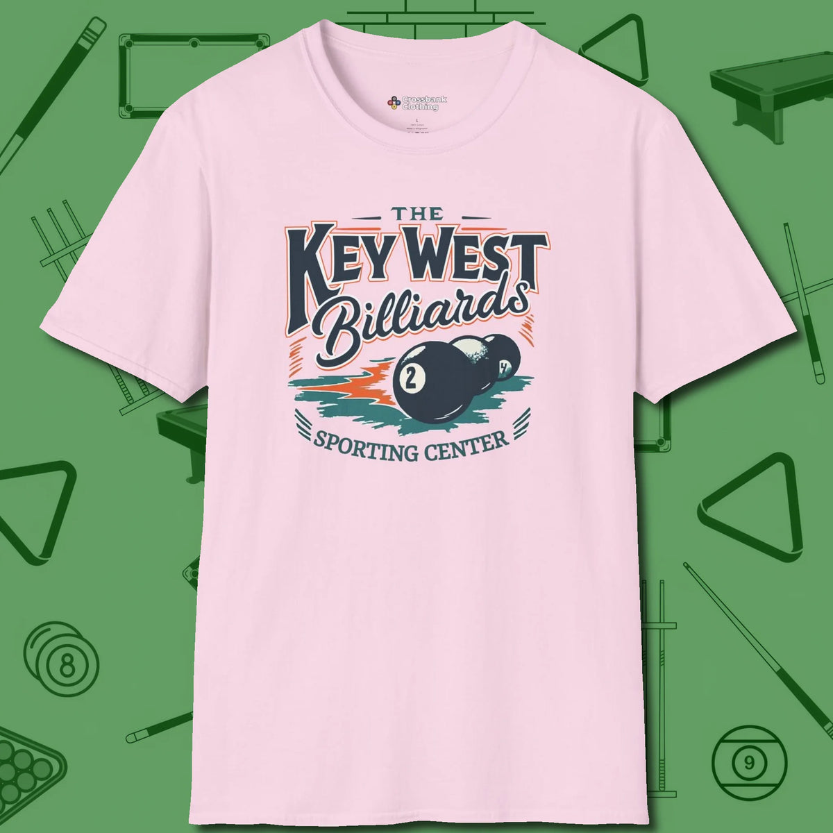 Key West Billiards T-Shirt, front view, in Light Pink perfect for players with quiet fire