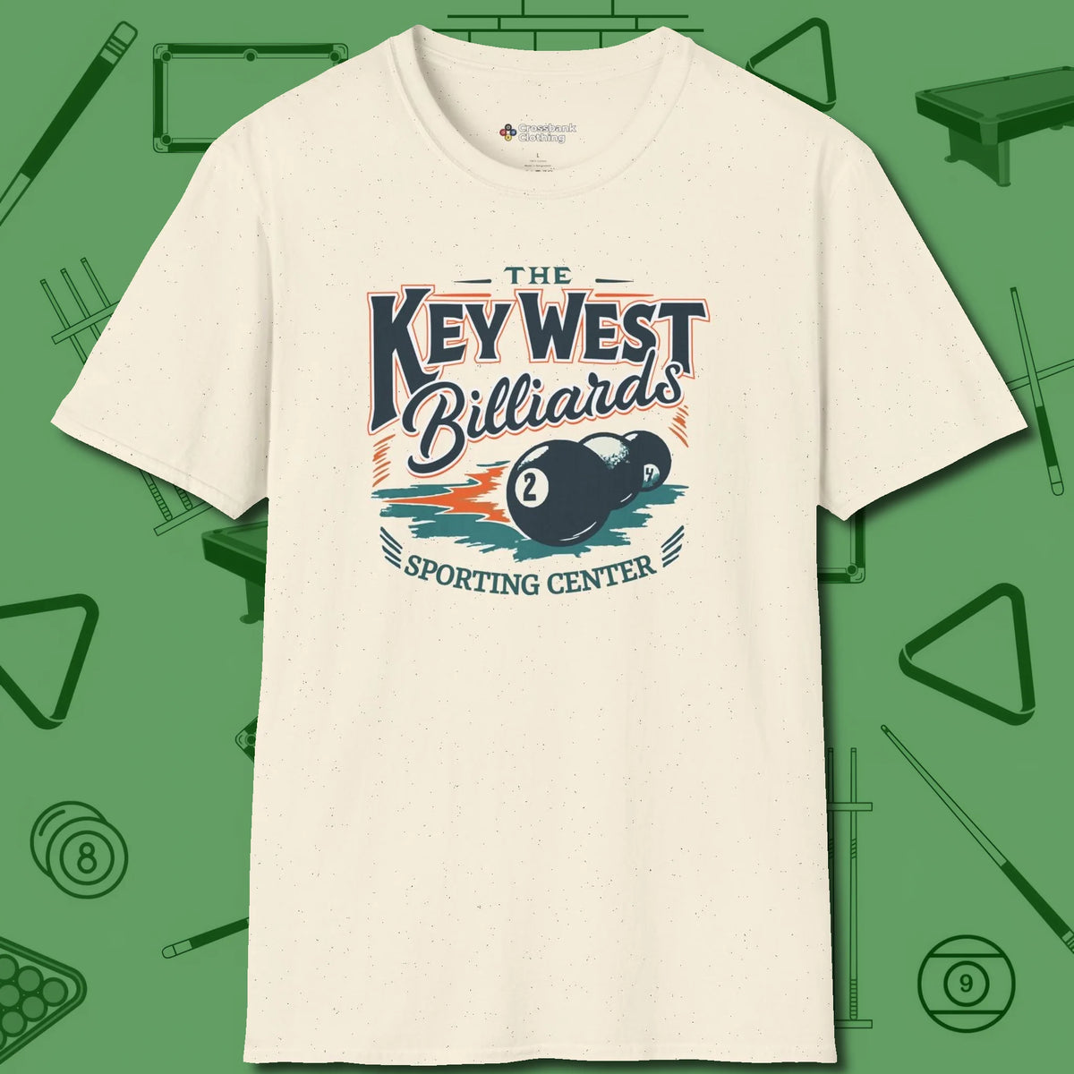 Key West Billiards T-Shirt, front view, in Natural precise, confident, always in control
