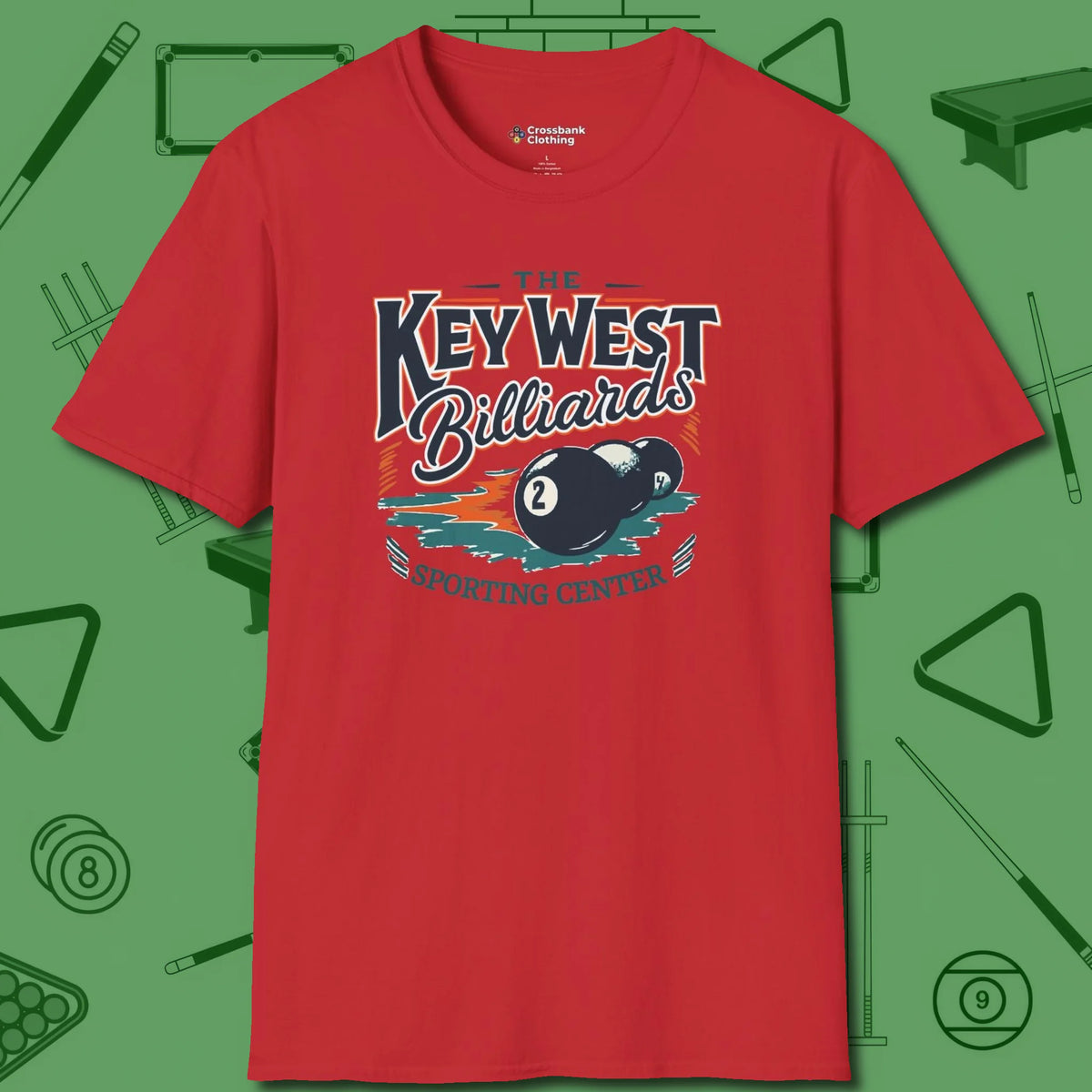 Key West Billiards T-Shirt, front view, in Red built for bold breaks and quiet confidence