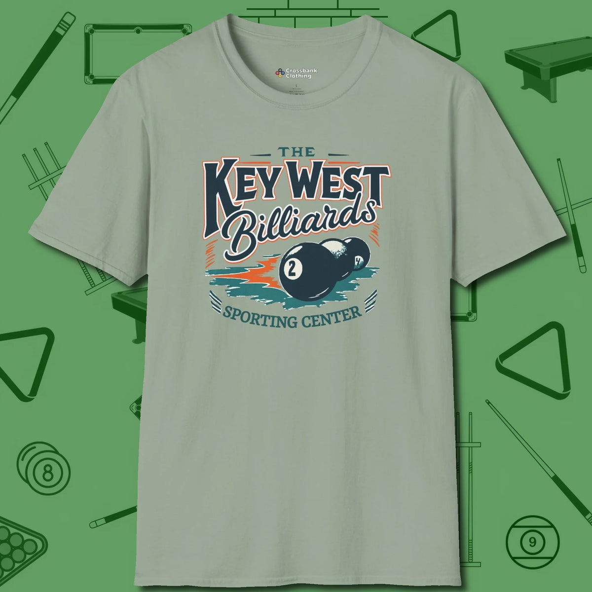 Key West Billiards T-Shirt, front view, in Sage style that banks as hard as you do