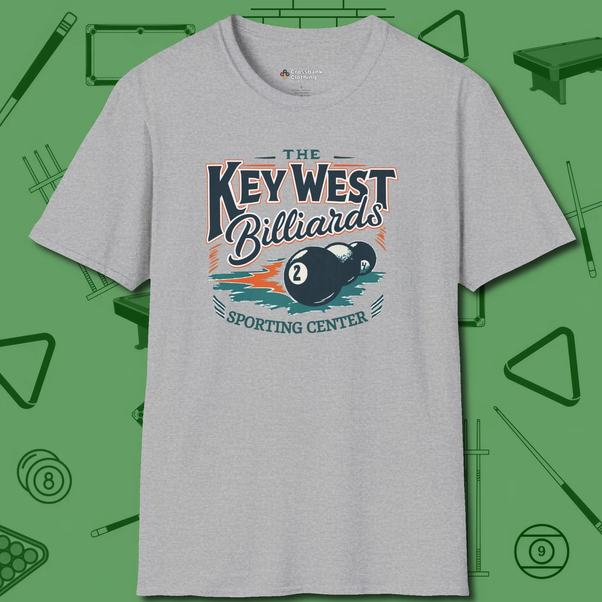 Key West Billiards T-Shirt, front view, in Sport Grey designed for dead stroke and deadpan looks