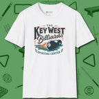 Key West Billiards T-Shirt, front view, in White cue up respect every time you wear it