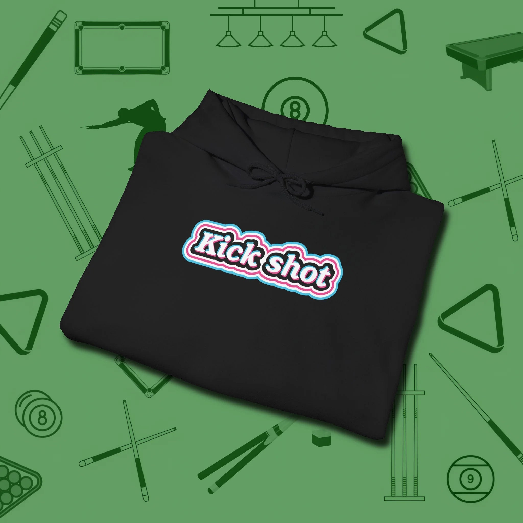 Kick Shot Billiards Hoodie, folded view, in Black your go-to shirt for league night victories