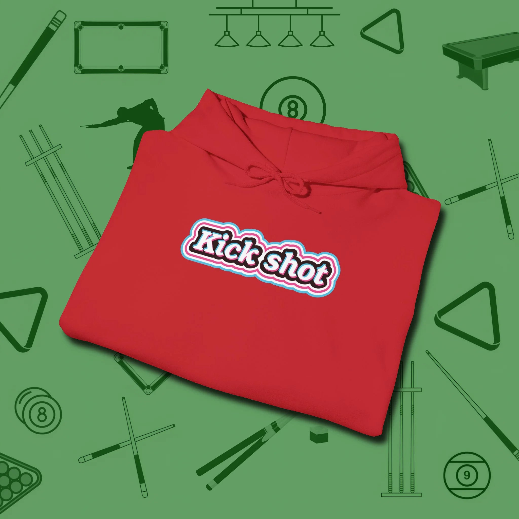 Kick Shot Billiards Hoodie, folded view, in Red cool under pressure, hot on the eyes