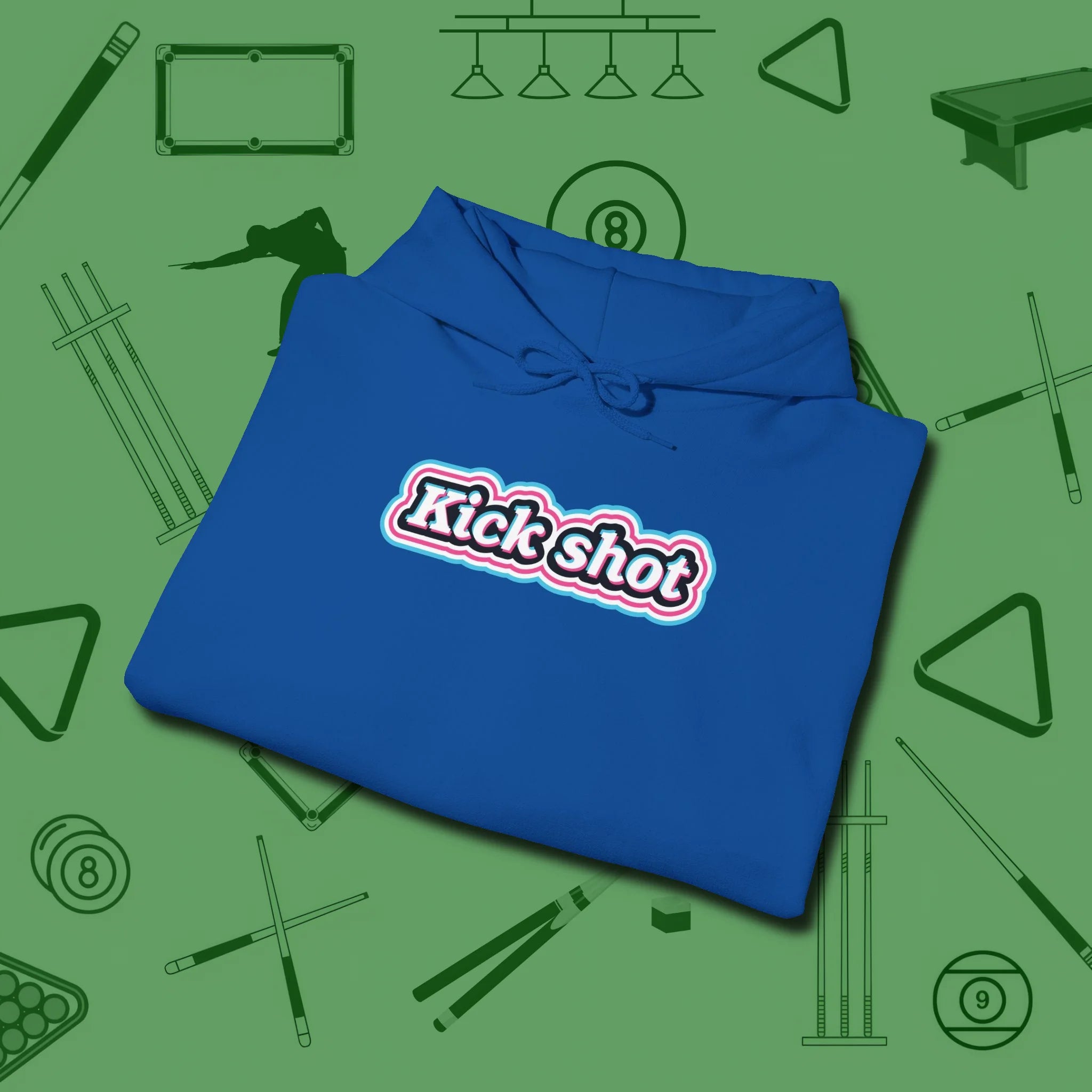 Kick Shot Billiards Hoodie, folded view, in Royal not your average 8-ball graphic tee