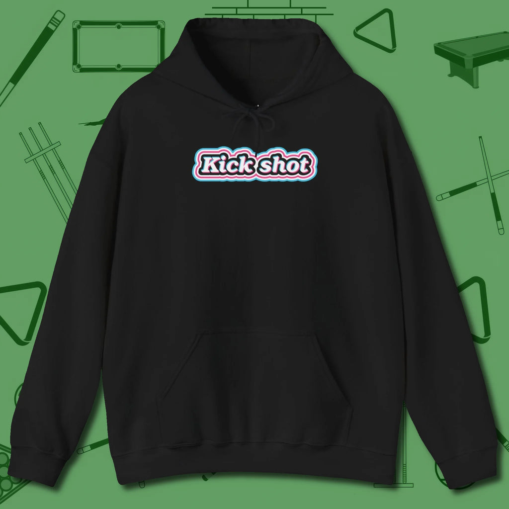 Kick Shot Billiards Hoodie, front view, in Black precise, confident, always in control