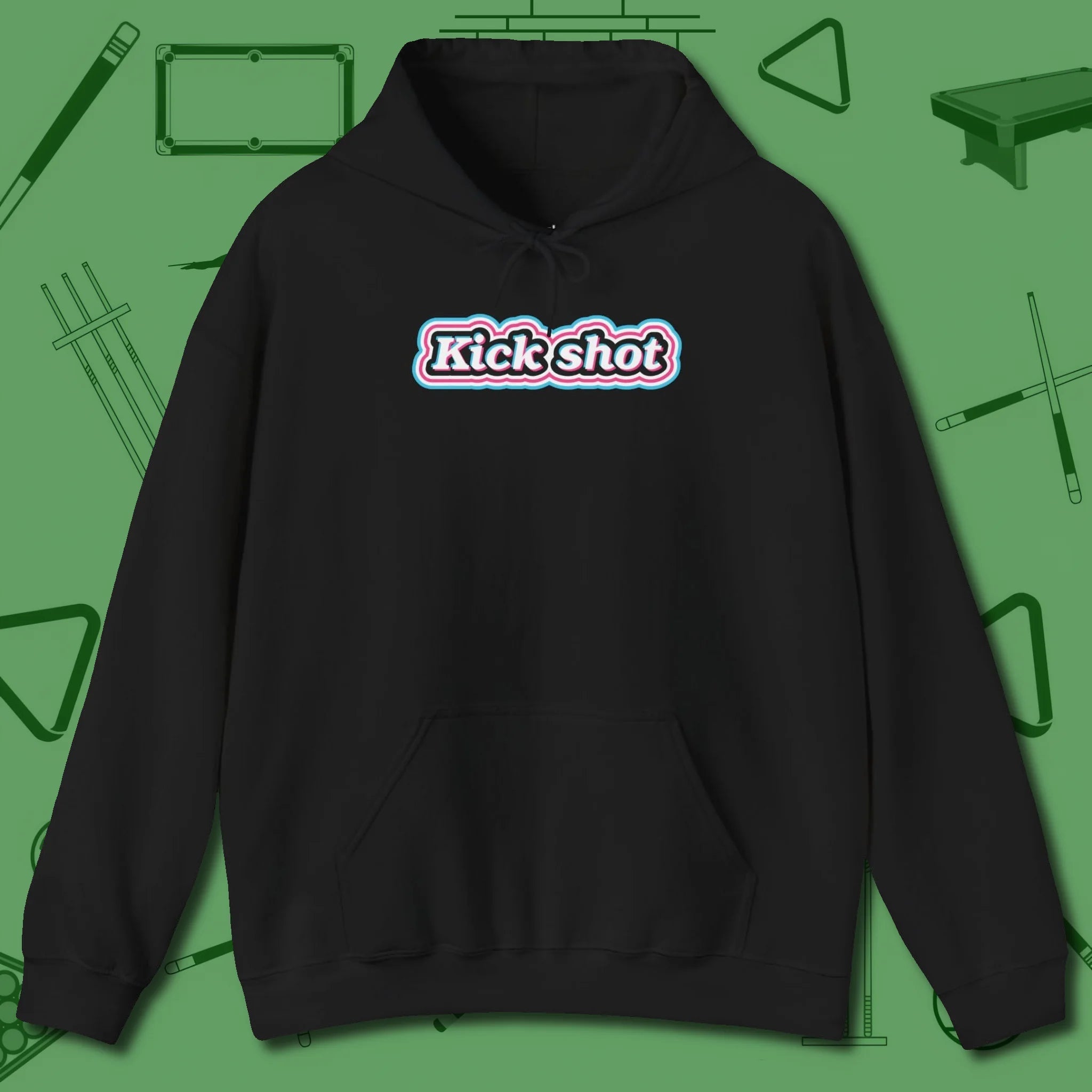 Kick Shot Billiards Hoodie, front view, in Black precise, confident, always in control