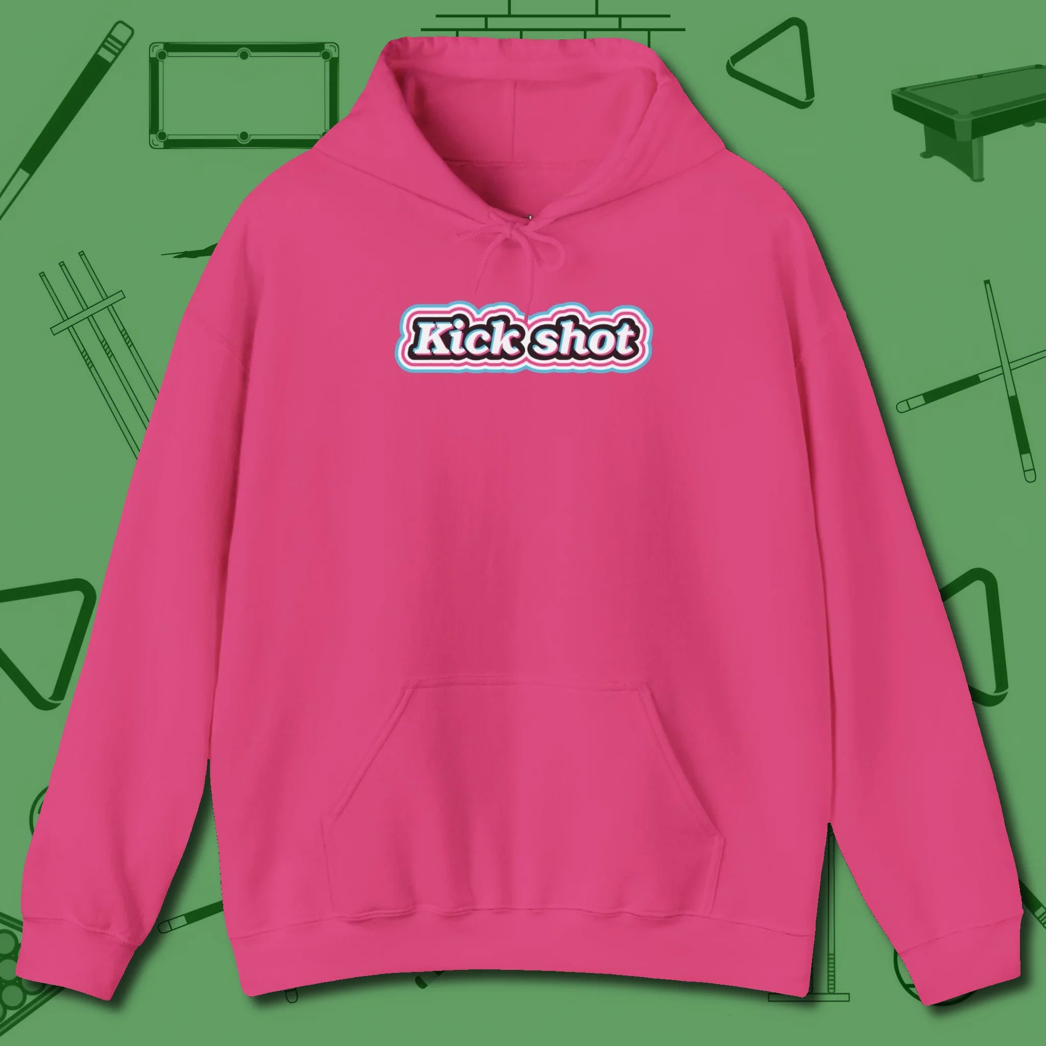 Kick Shot Billiards Hoodie, front view, in Heliconia cool enough for a corner pocket finish