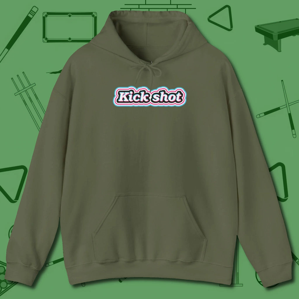 Kick Shot Billiards Hoodie, front view, in Military Green helps your stroke and your style