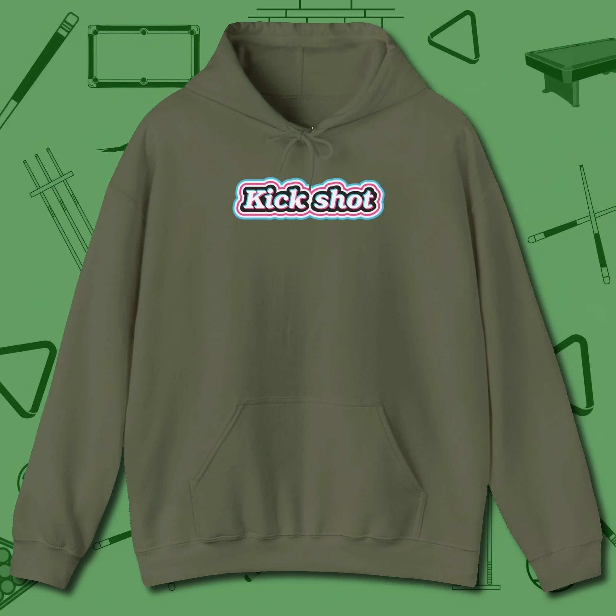 Kick Shot Billiards Hoodie, front view, in Military Green helps your stroke and your style