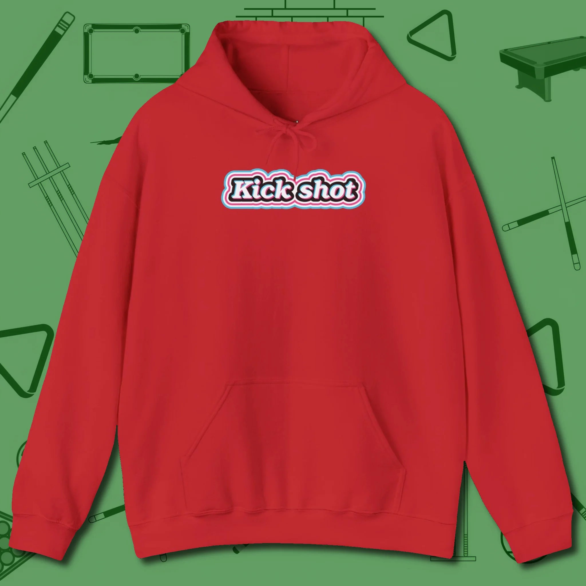 Kick Shot Billiards Hoodie, front view, in Red a clean fit for the dirtiest safeties