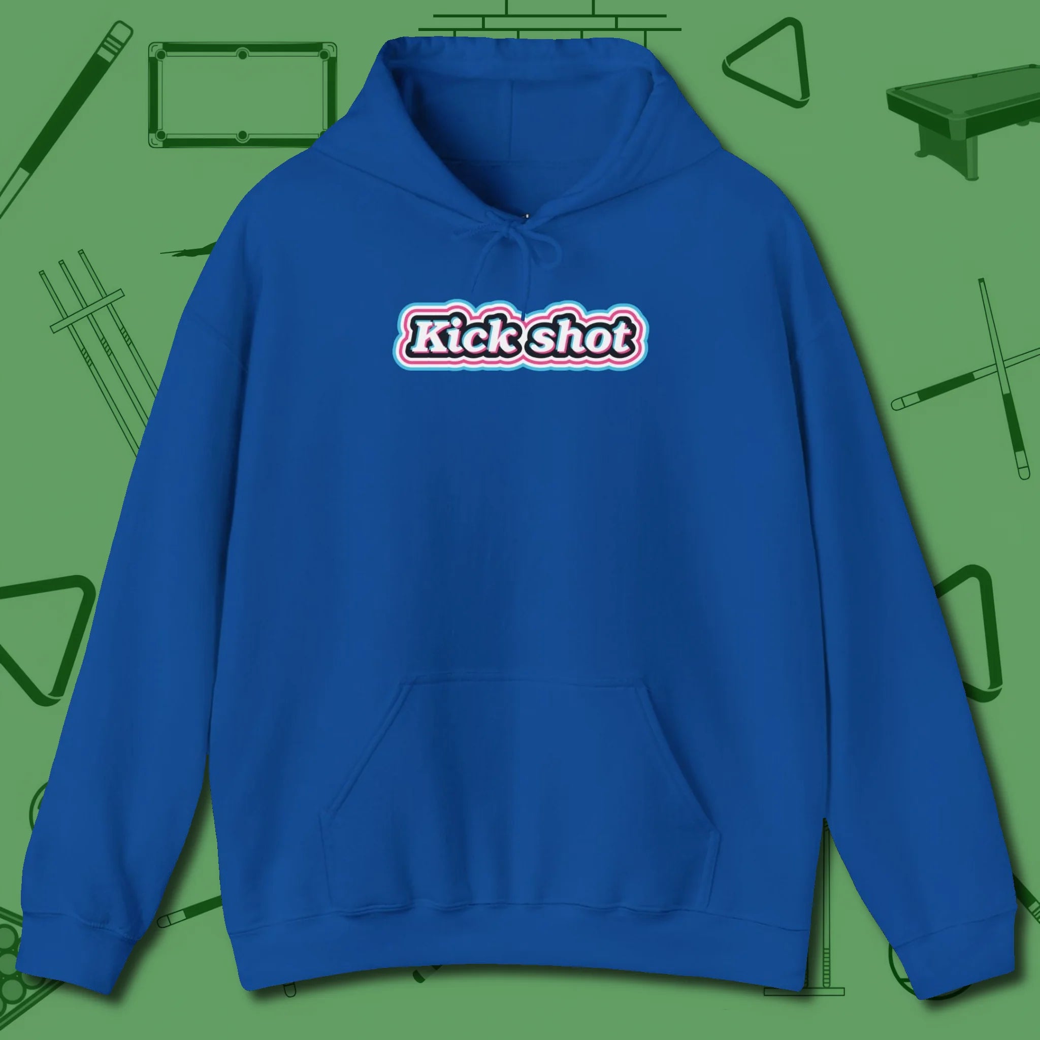 Kick Shot Billiards Hoodie, front view, in Royal strike fear with swagger and precision