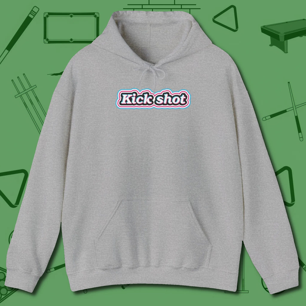 Kick Shot Billiards Hoodie, front view, in Sport Grey cool under pressure, hot on the eyes