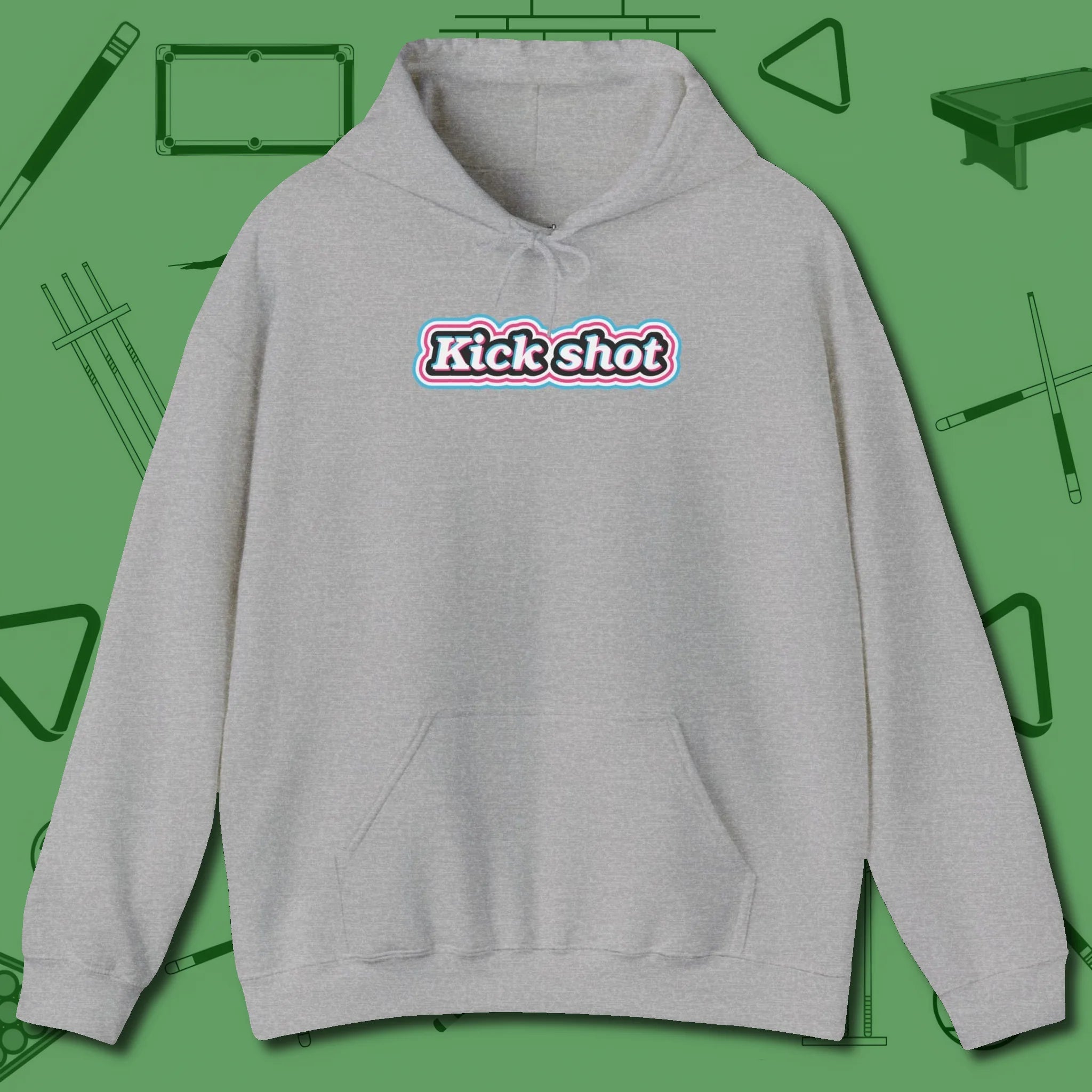 Kick Shot Billiards Hoodie, front view, in Sport Grey cool under pressure, hot on the eyes