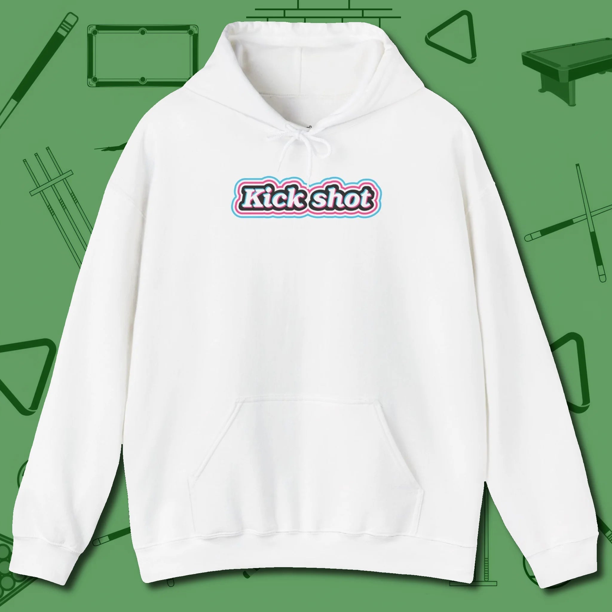 Kick Shot Billiards Hoodie, front view, in White attitude built for the long haul