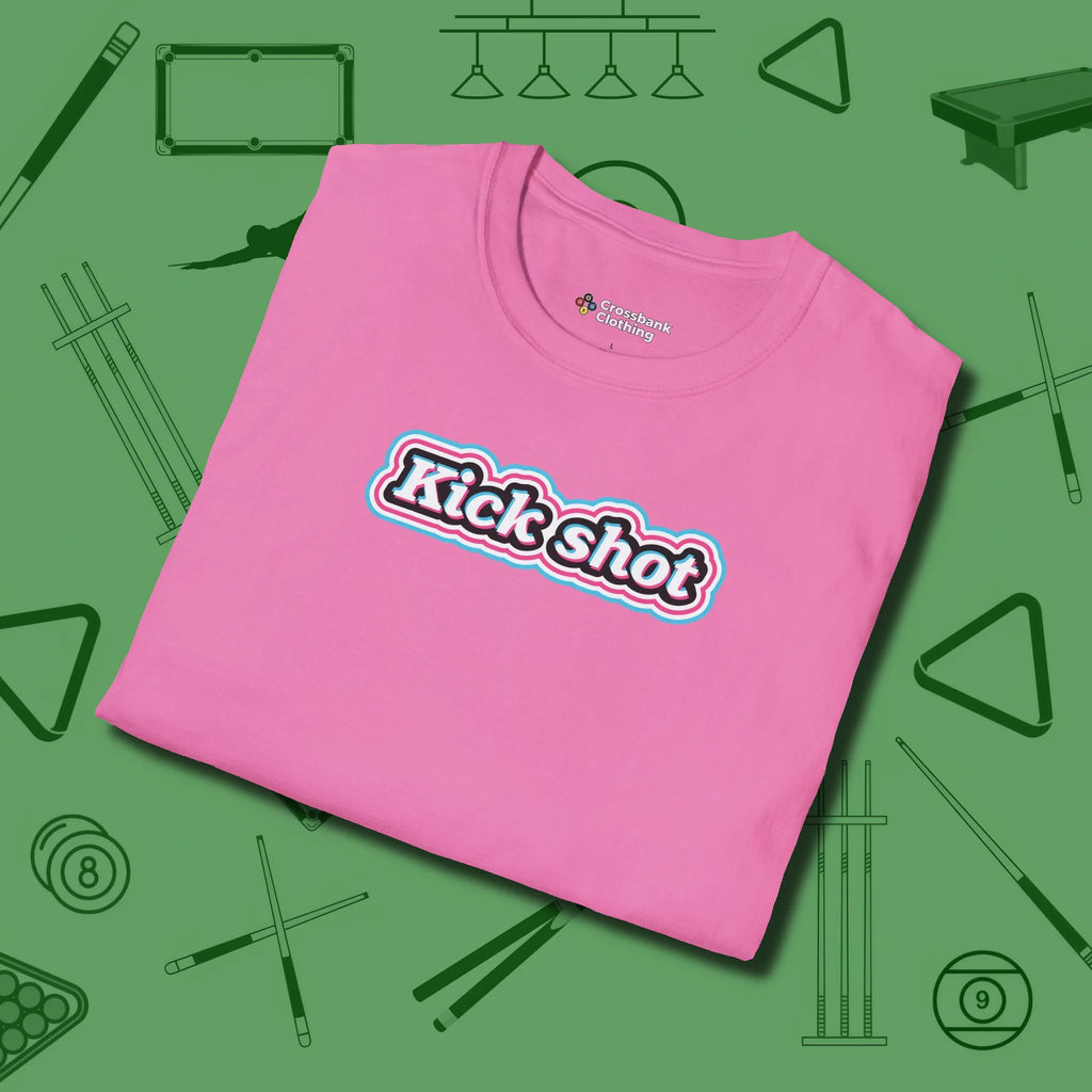 Kick Shot Billiards T-Shirt, folded view, in Azalea where cue control meets personal style