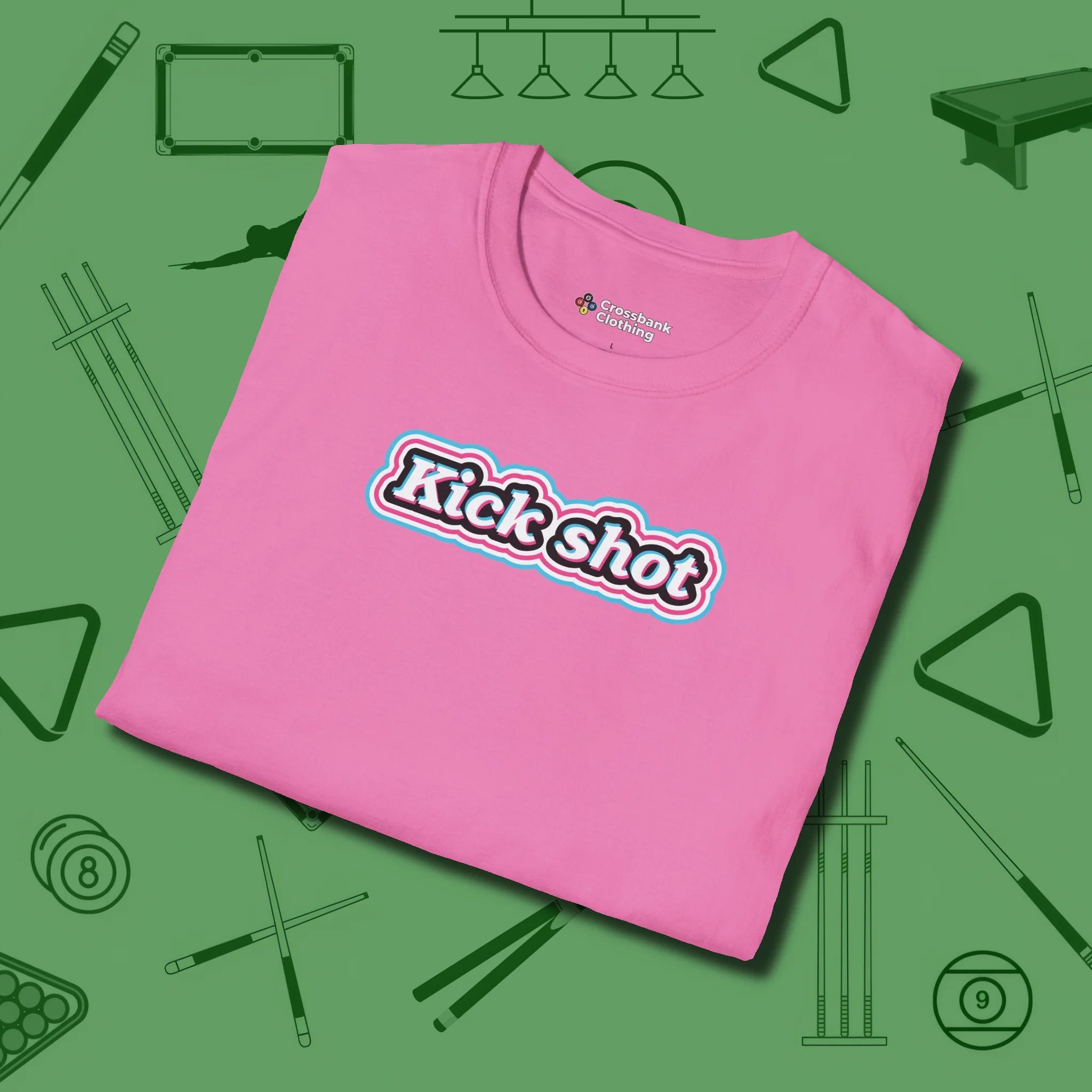 Kick Shot Billiards T-Shirt, folded view, in Azalea where cue control meets personal style