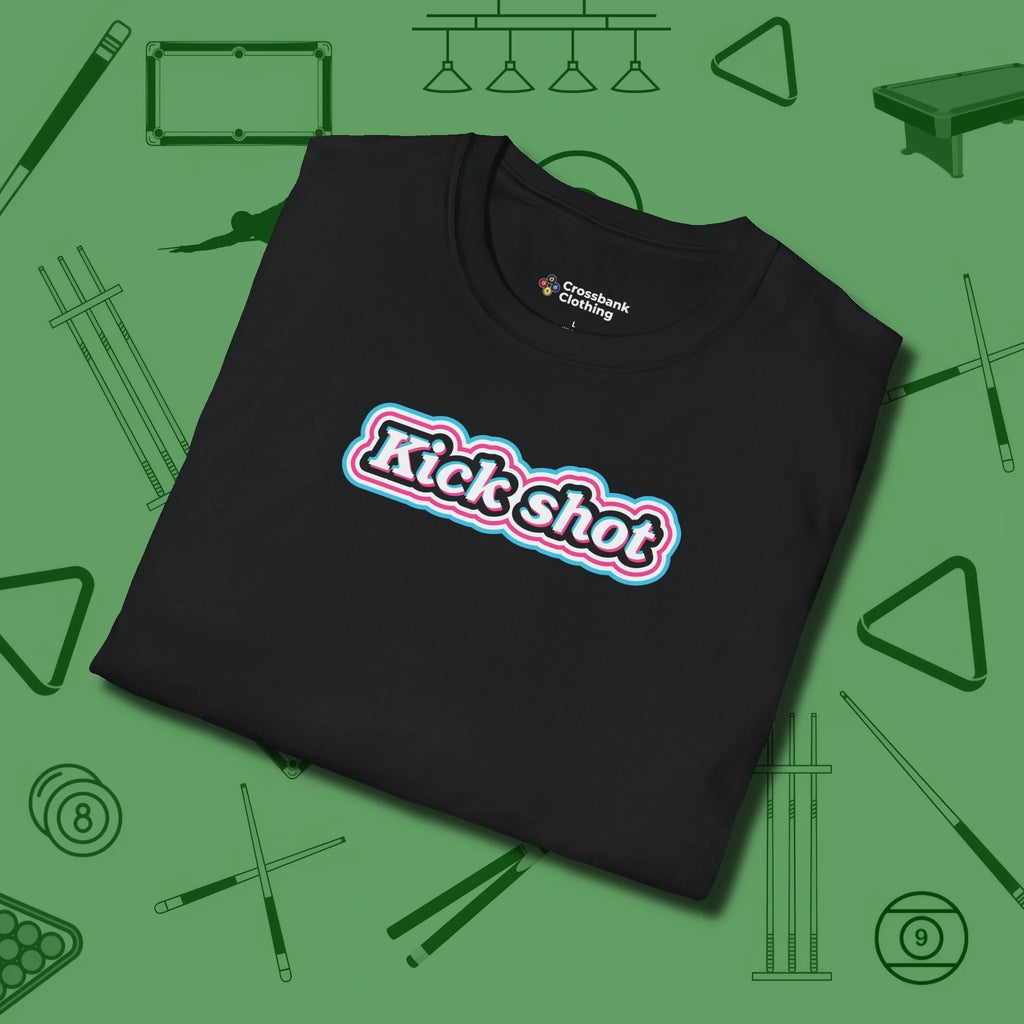Kick Shot Billiards T-Shirt, folded view, in Black as serious as your stroke