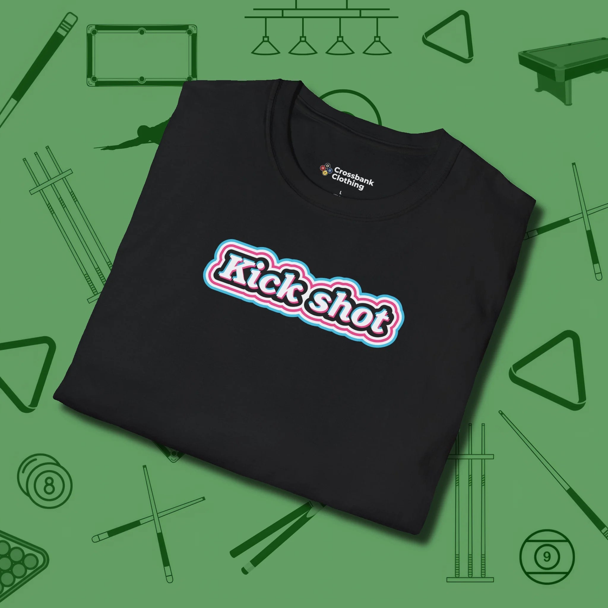 Kick Shot Billiards T-Shirt, folded view, in Black as serious as your stroke