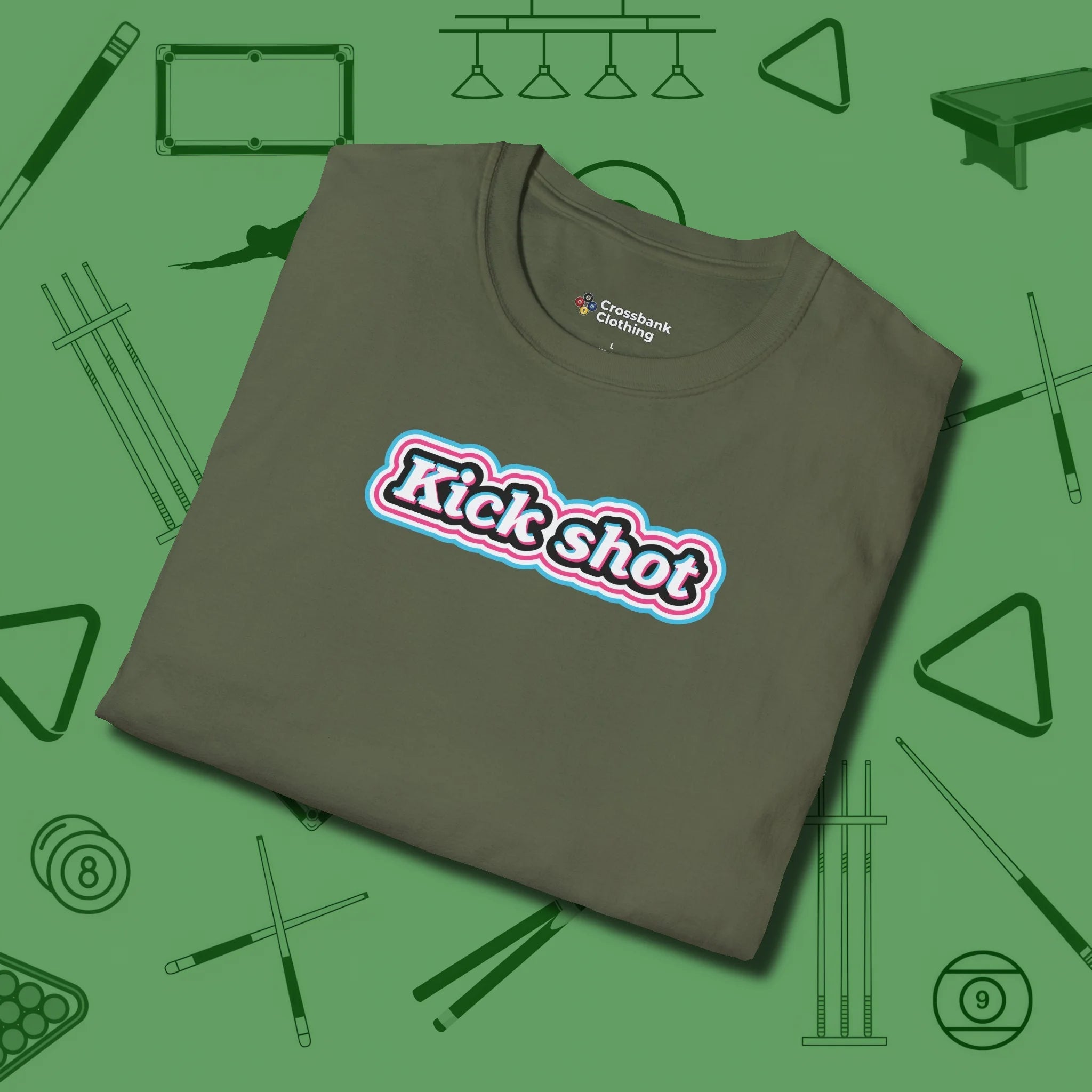 Kick Shot Billiards T-Shirt, folded view, in Military Green where style and cue discipline collide