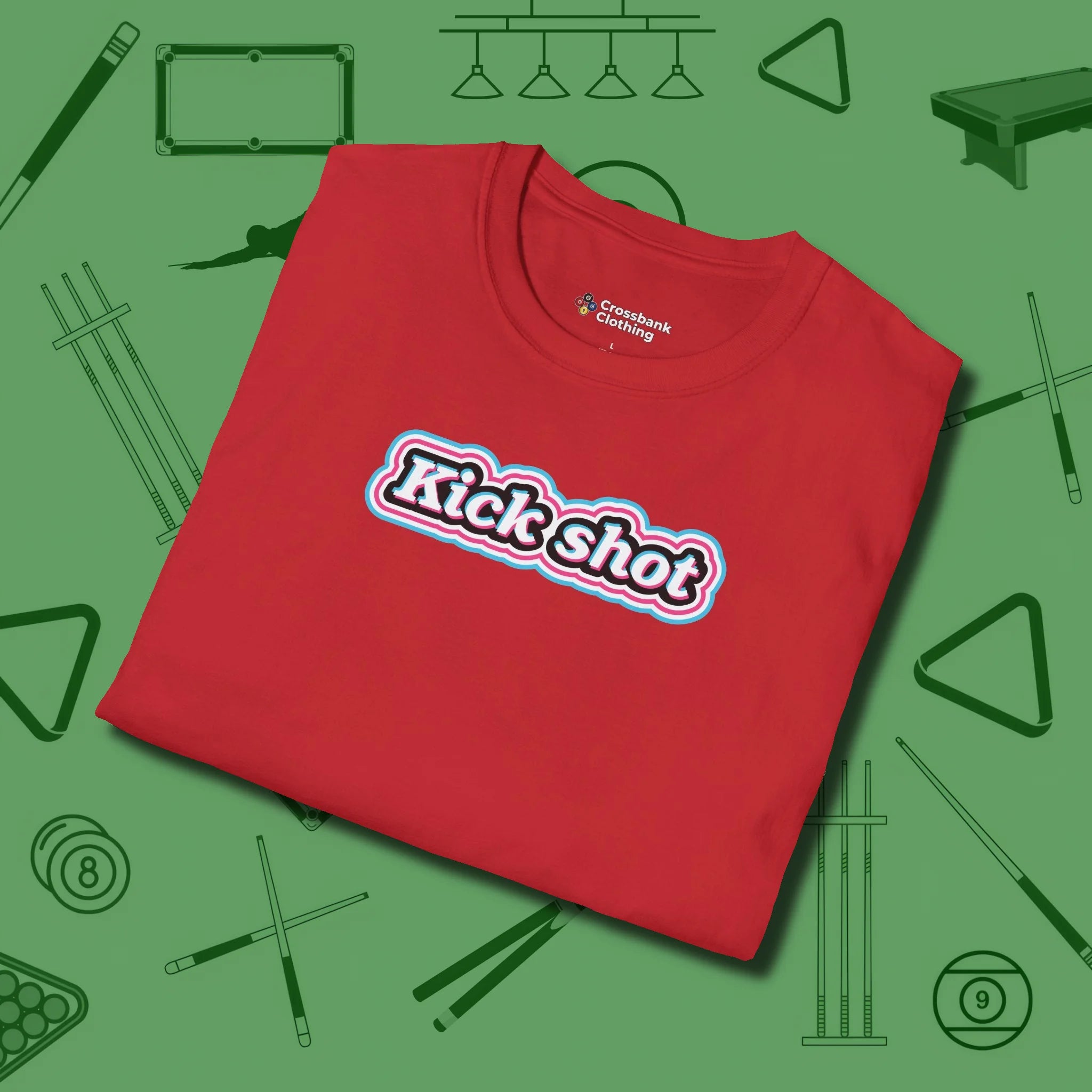 Kick Shot Billiards T-Shirt, folded view, in Red designed for dead stroke and deadpan looks