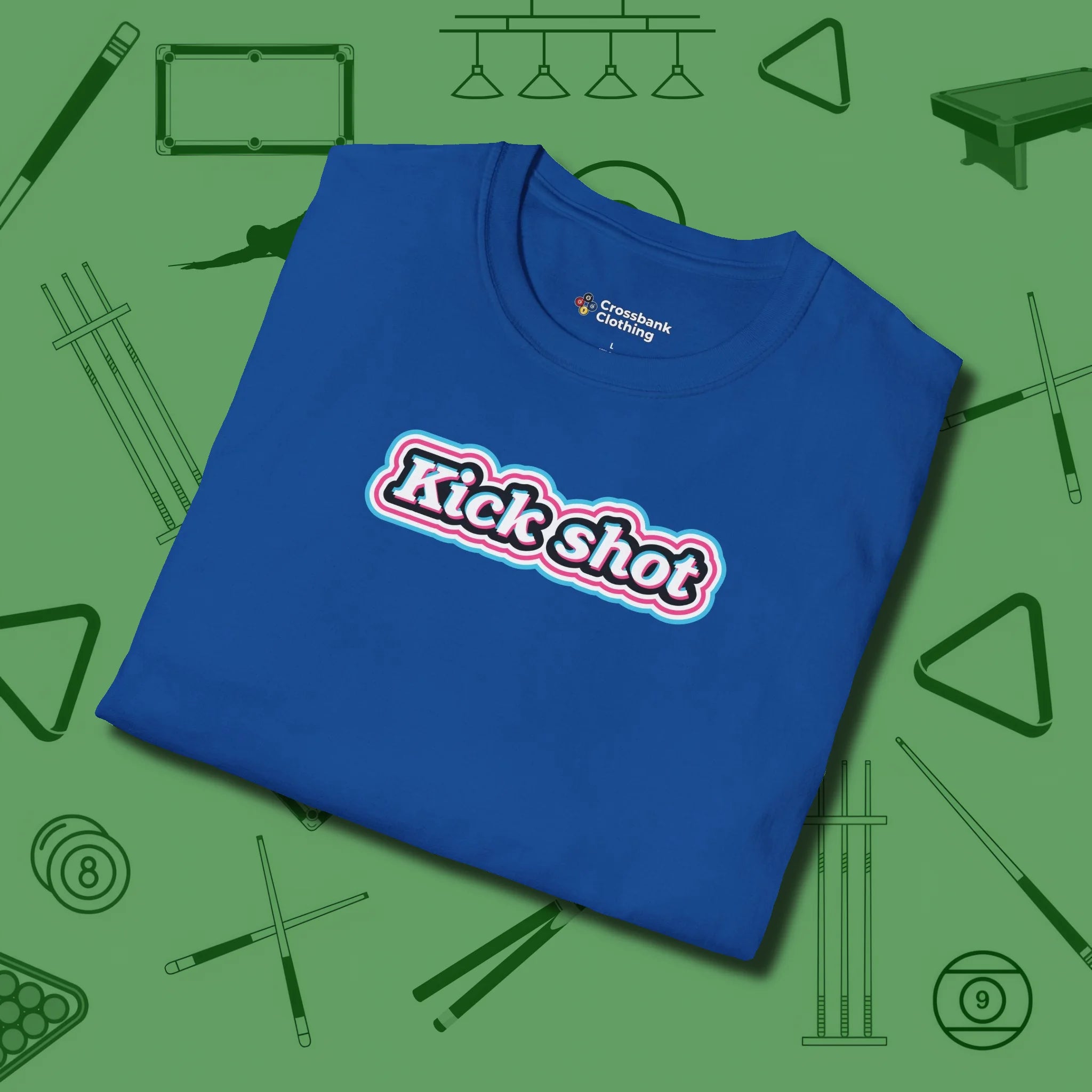 Kick Shot Billiards T-Shirt, folded view, in Royal your go-to shirt for league night victories